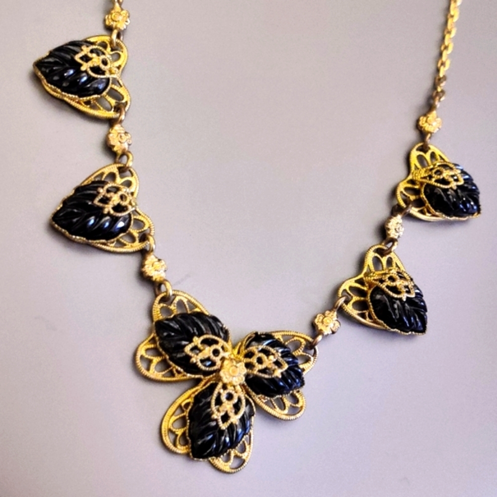 Signed Germany Filigree Hearts Black Molded Glass Necklace